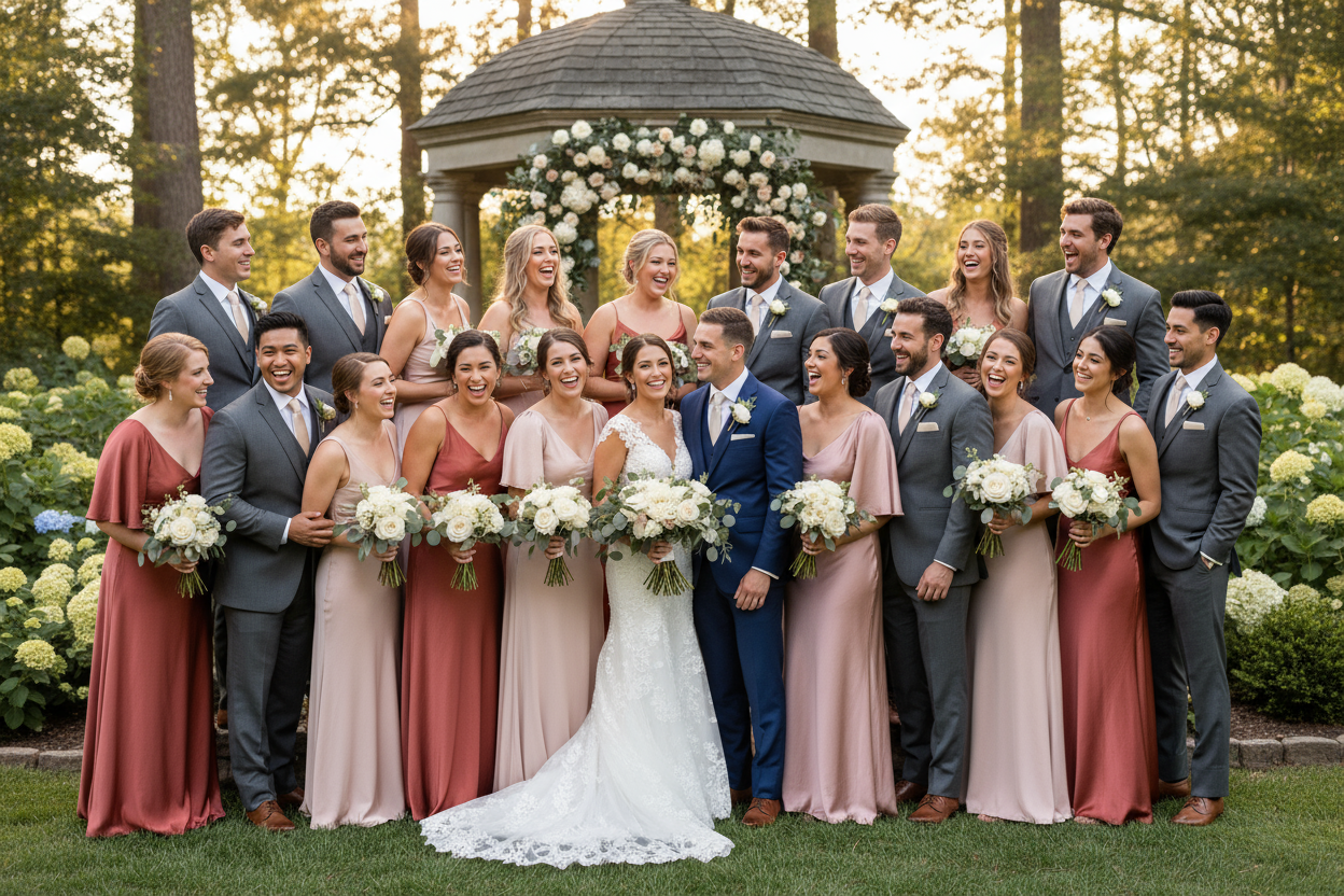 bridal party women and men